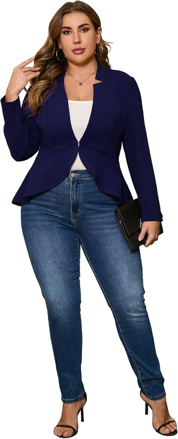 KOJOOIN Women's Plus Size Blazer Open Front Long Sleeve Ruffle Hem Oversized Coat Business Casual Suit Jacket