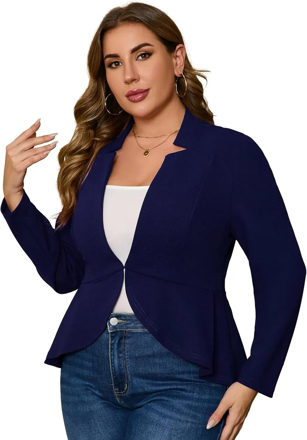 KOJOOIN Women's Plus Size Blazer Open Front Long Sleeve Ruffle Hem Oversized Coat Business Casual Suit Jacket