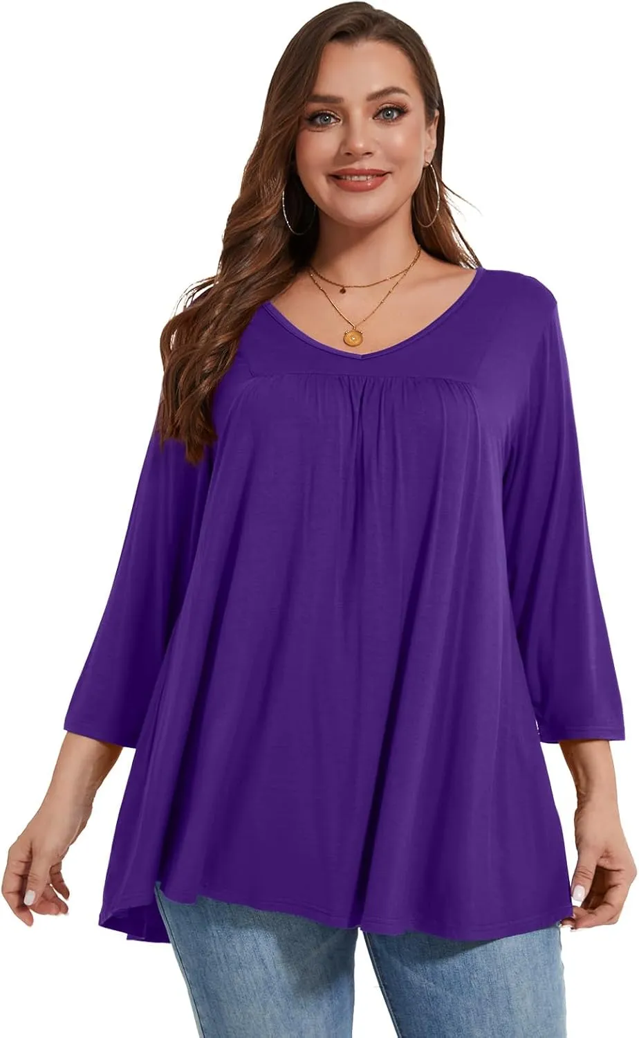 LARACE Women's 3/4 Sleeve Shirts Plus Size Tunic Tops Loose V-Neck Pleated T-Shirts for Leggings