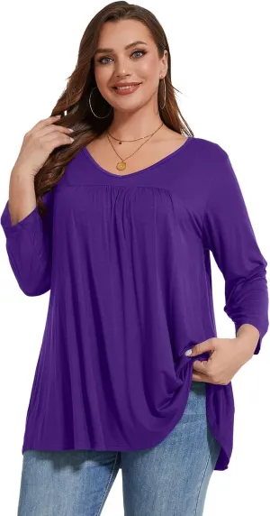 LARACE Women's 3/4 Sleeve Shirts Plus Size Tunic Tops Loose V-Neck Pleated T-Shirts for Leggings