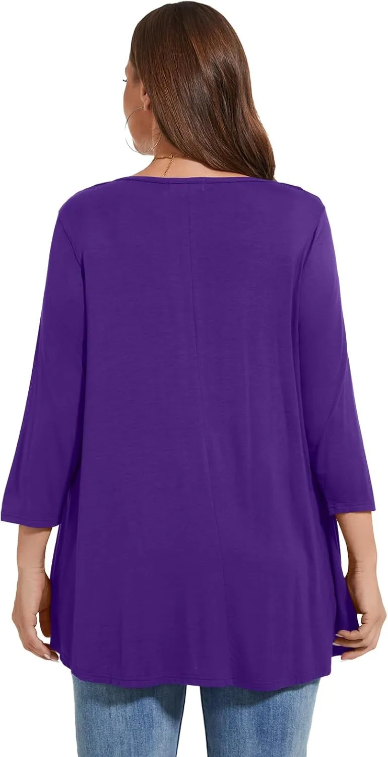 LARACE Women's 3/4 Sleeve Shirts Plus Size Tunic Tops Loose V-Neck Pleated T-Shirts for Leggings