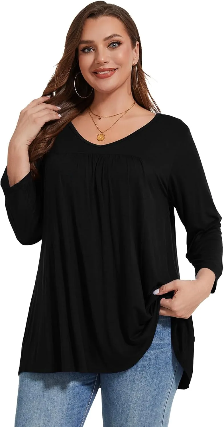 LARACE Women's 3/4 Sleeve Shirts Plus Size Tunic Tops Loose V-Neck Pleated T-Shirts for Leggings