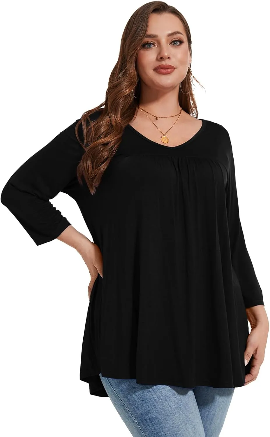 LARACE Women's 3/4 Sleeve Shirts Plus Size Tunic Tops Loose V-Neck Pleated T-Shirts for Leggings