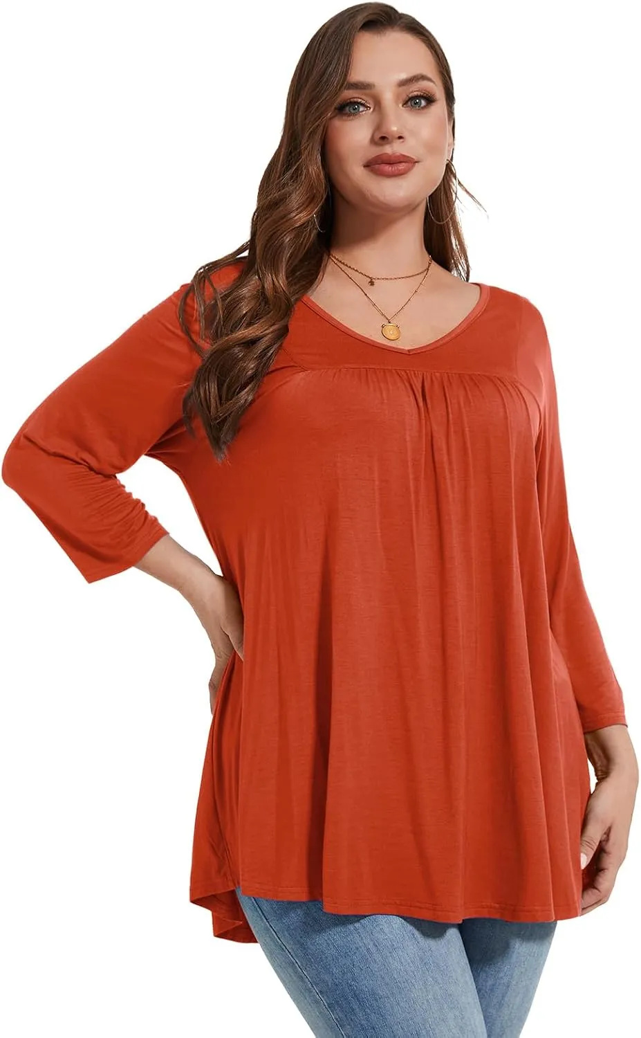 LARACE Women's 3/4 Sleeve Shirts Plus Size Tunic Tops Loose V-Neck Pleated T-Shirts for Leggings