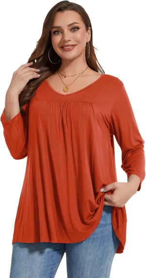 LARACE Women's 3/4 Sleeve Shirts Plus Size Tunic Tops Loose V-Neck Pleated T-Shirts for Leggings
