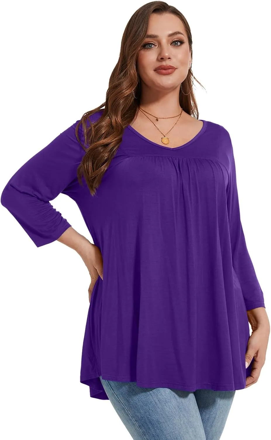 LARACE Women's 3/4 Sleeve Shirts Plus Size Tunic Tops Loose V-Neck Pleated T-Shirts for Leggings