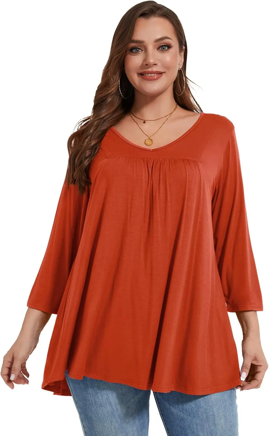 LARACE Women's 3/4 Sleeve Shirts Plus Size Tunic Tops Loose V-Neck Pleated T-Shirts for Leggings