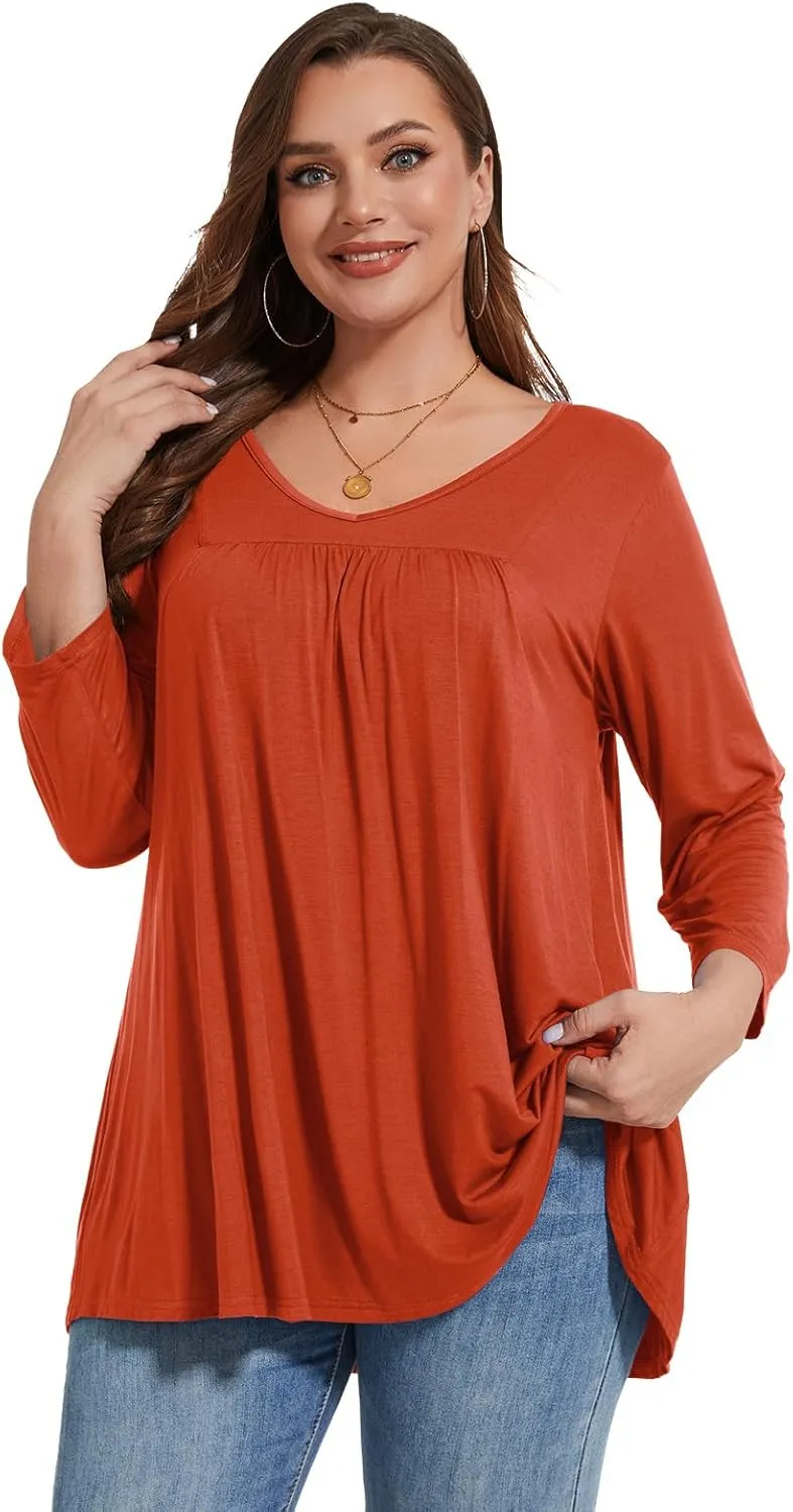 LARACE Women's 3/4 Sleeve Shirts Plus Size Tunic Tops Loose V-Neck Pleated T-Shirts for Leggings