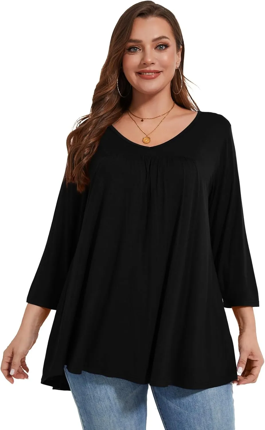 LARACE Women's 3/4 Sleeve Shirts Plus Size Tunic Tops Loose V-Neck Pleated T-Shirts for Leggings
