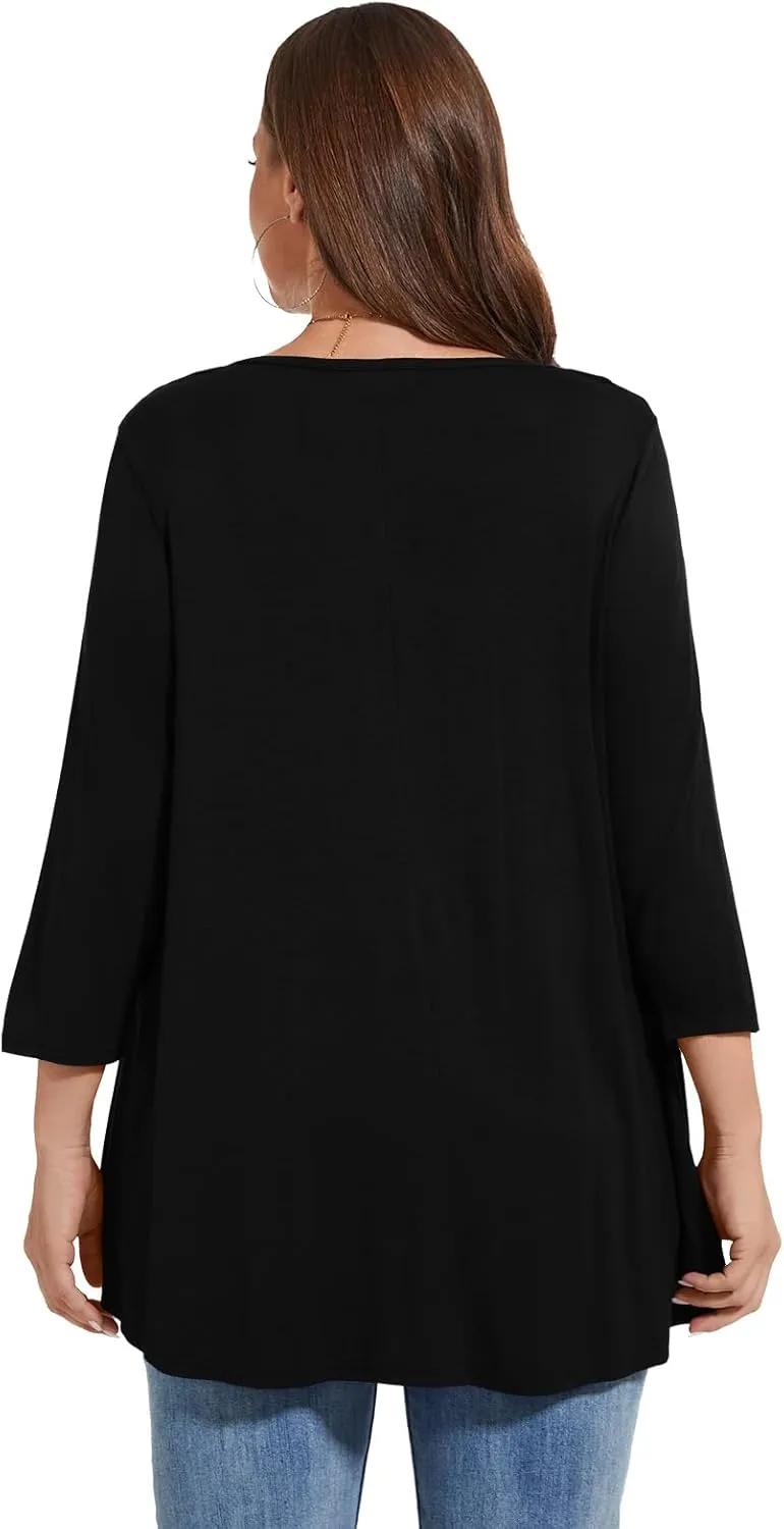 LARACE Women's 3/4 Sleeve Shirts Plus Size Tunic Tops Loose V-Neck Pleated T-Shirts for Leggings