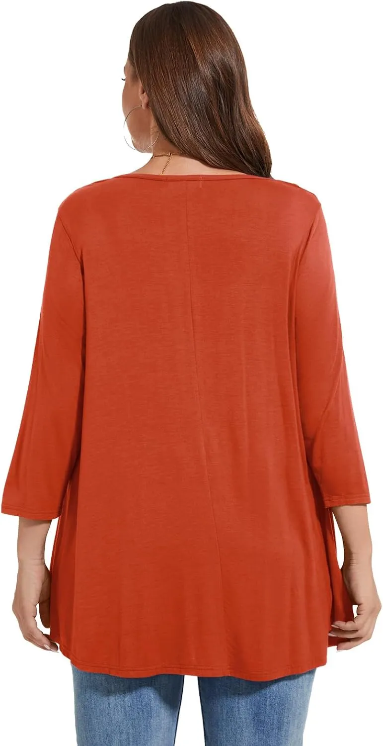 LARACE Women's 3/4 Sleeve Shirts Plus Size Tunic Tops Loose V-Neck Pleated T-Shirts for Leggings