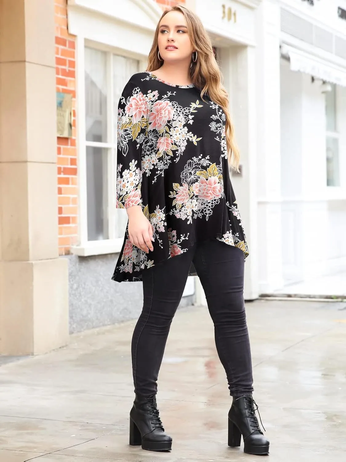 LARACE Womens Plus Size 3/4 Sleeve Loose Fit Flare Swing Tunic Tops Floral High Low Basic T Shirt