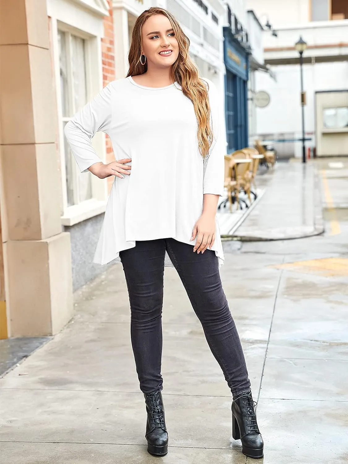 LARACE Womens Plus Size 3/4 Sleeve Loose Fit Flare Swing Tunic Tops Floral High Low Basic T Shirt