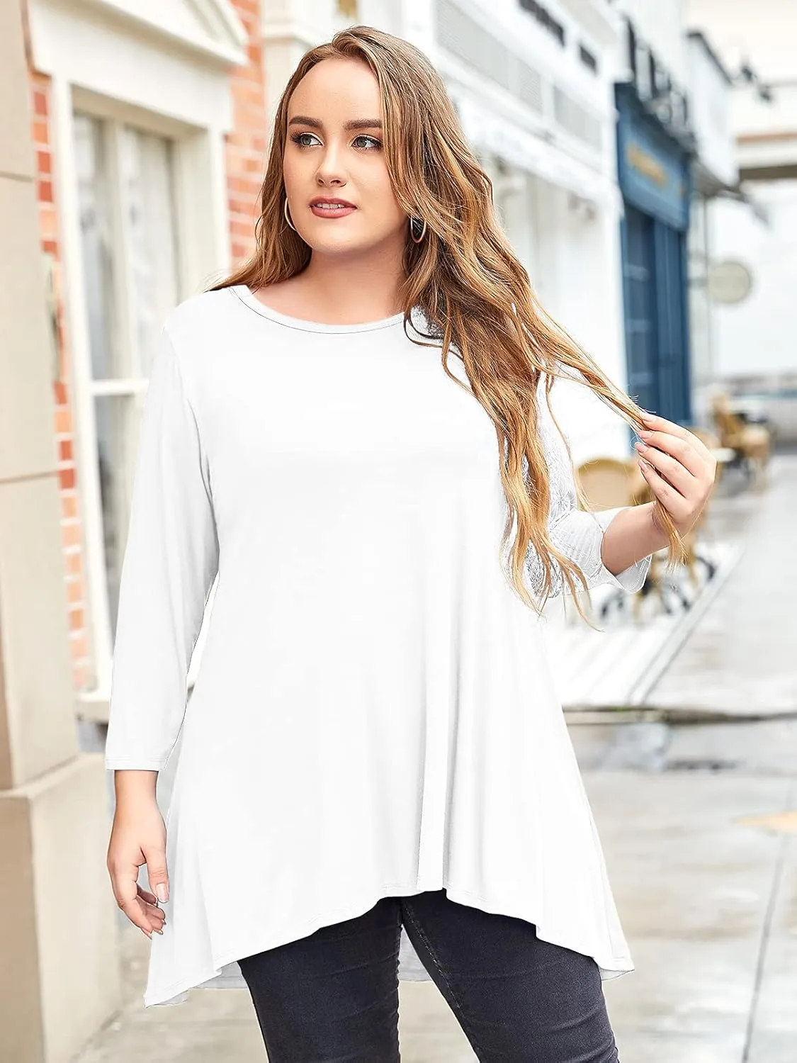 LARACE Womens Plus Size 3/4 Sleeve Loose Fit Flare Swing Tunic Tops Floral High Low Basic T Shirt