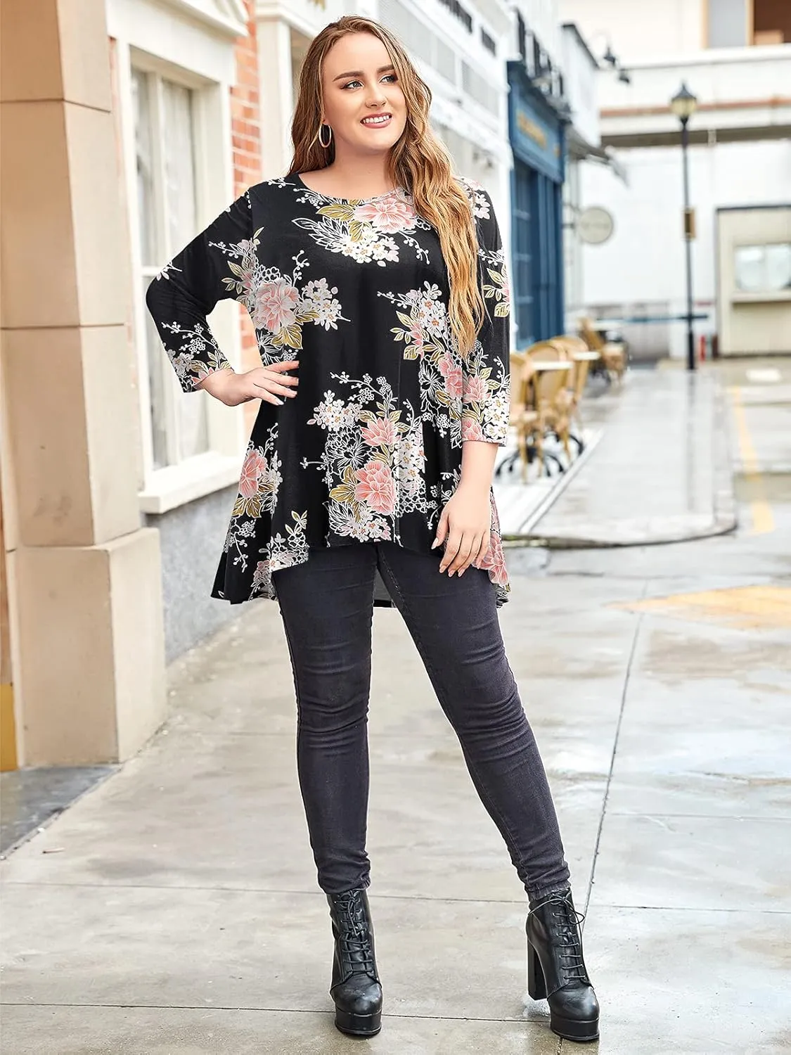 LARACE Womens Plus Size 3/4 Sleeve Loose Fit Flare Swing Tunic Tops Floral High Low Basic T Shirt