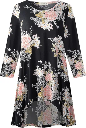 LARACE Womens Plus Size 3/4 Sleeve Loose Fit Flare Swing Tunic Tops Floral High Low Basic T Shirt