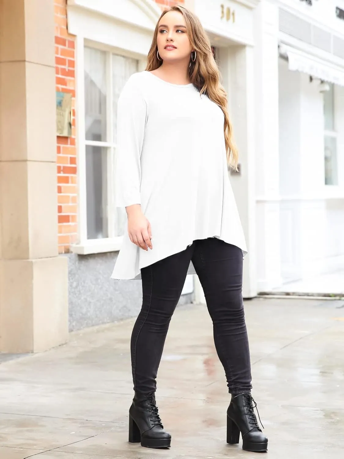 LARACE Womens Plus Size 3/4 Sleeve Loose Fit Flare Swing Tunic Tops Floral High Low Basic T Shirt