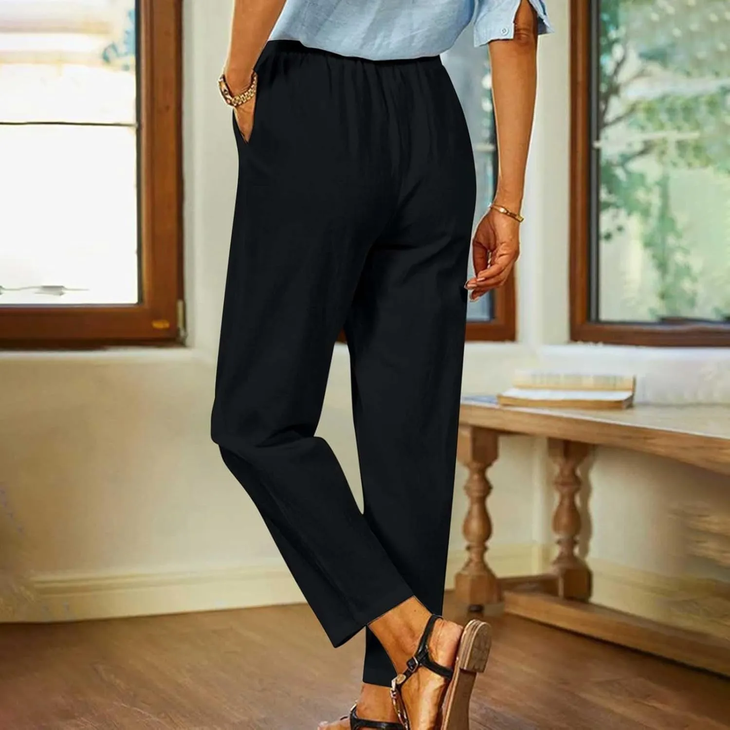 Lastesso Casual Pants for Women Lightweight Cotton Linen Straight Trousers Relaxed Size Cozy Beach Summer Lounge Outfits