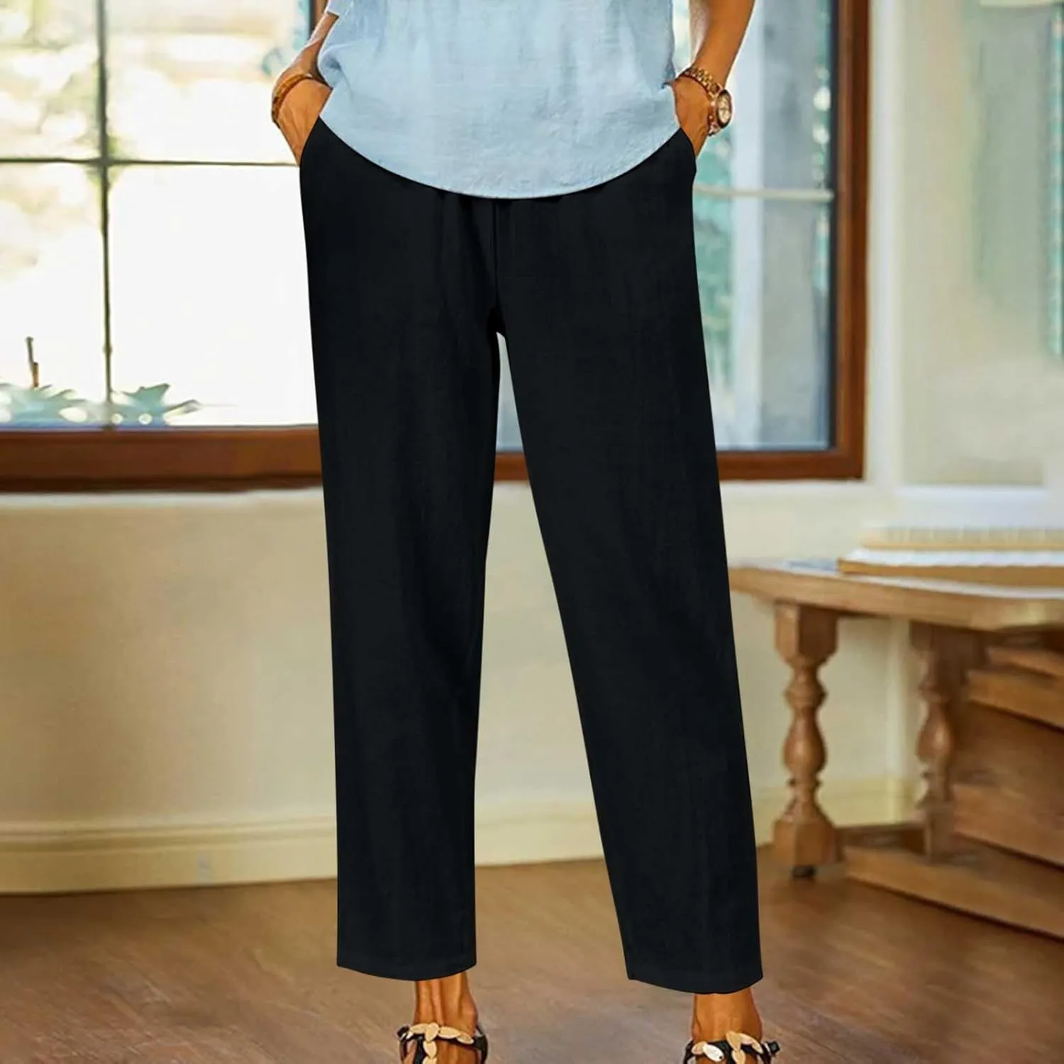 Lastesso Casual Pants for Women Lightweight Cotton Linen Straight Trousers Relaxed Size Cozy Beach Summer Lounge Outfits