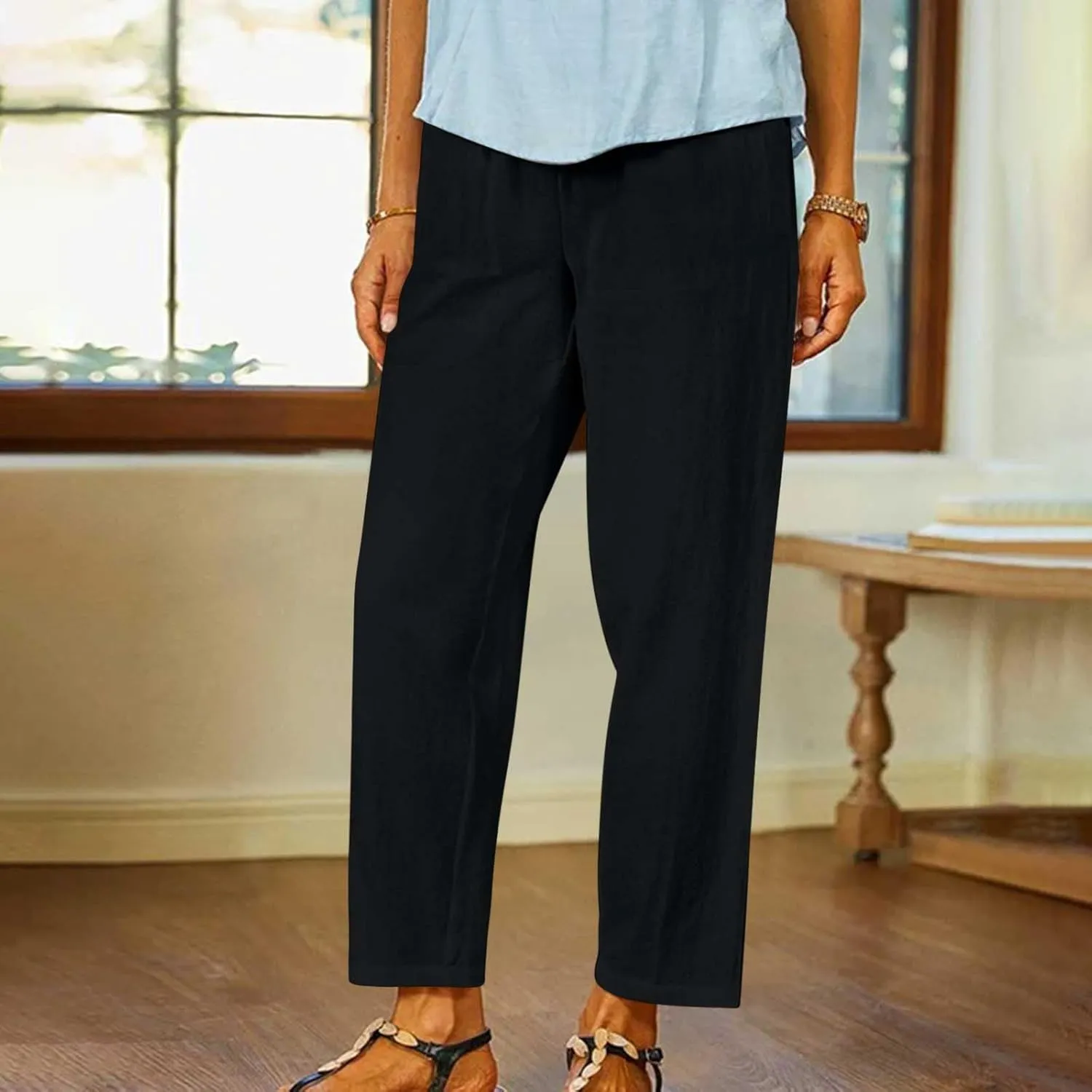 Lastesso Casual Pants for Women Lightweight Cotton Linen Straight Trousers Relaxed Size Cozy Beach Summer Lounge Outfits