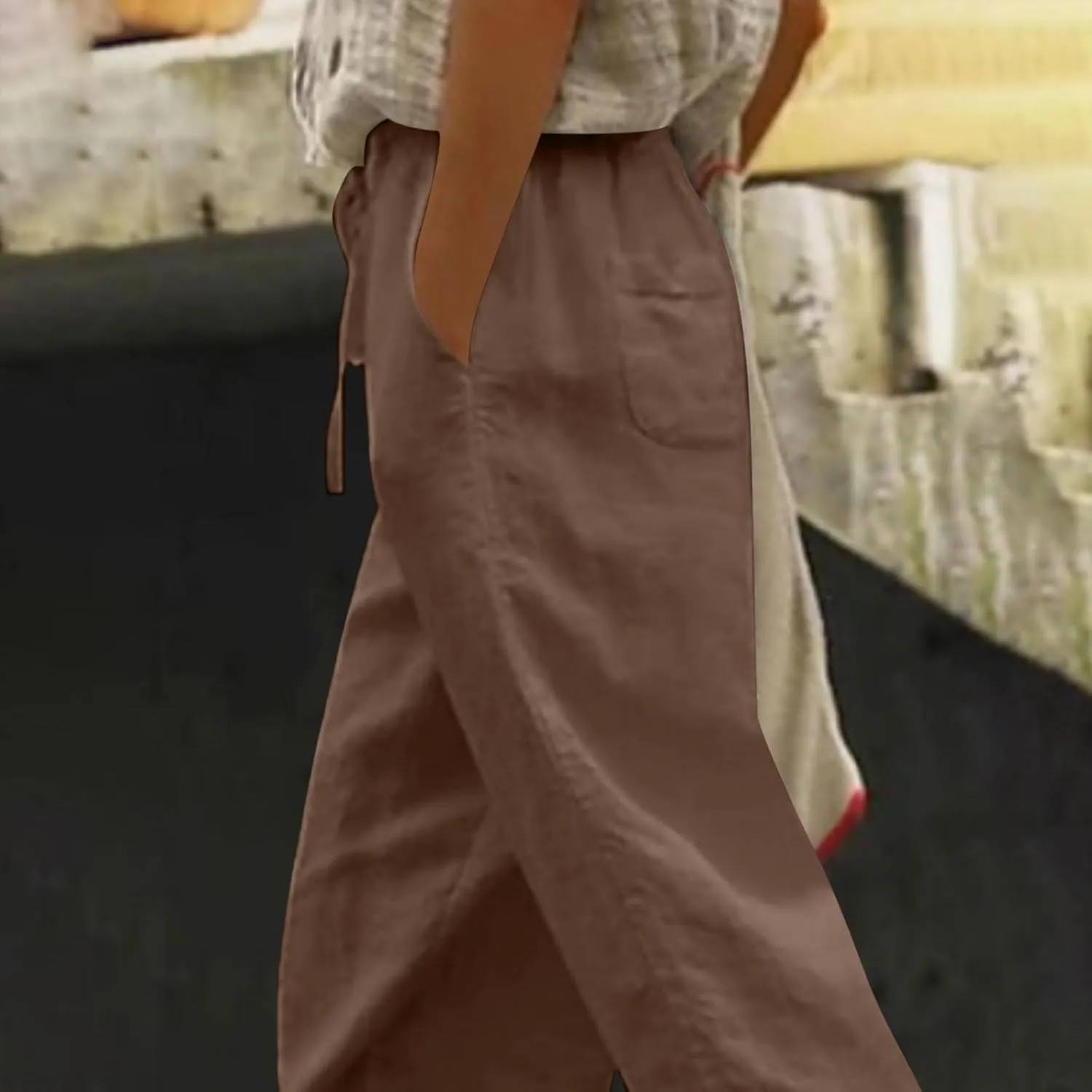 Lastesso Linen Pants Women Casual High Waist Cotton Summer Comfy Slacks Lightweight Vacation Hawaii Trousers with Pockets