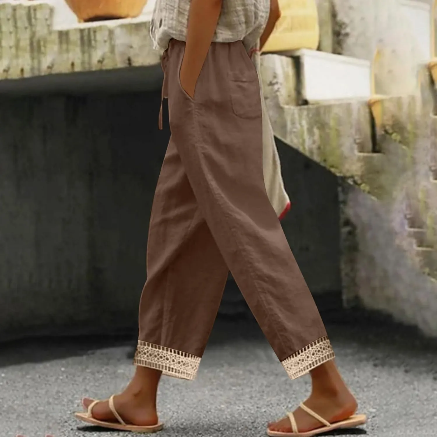 Lastesso Linen Pants Women Casual High Waist Cotton Summer Comfy Slacks Lightweight Vacation Hawaii Trousers with Pockets