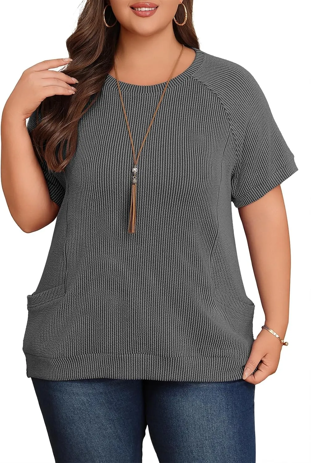 Lastshe Womens Plus Size Short Sleeves Shirts Summer Loose Ribbed Tops Dressy Casual Blouses with Pockets for Leggings 2025