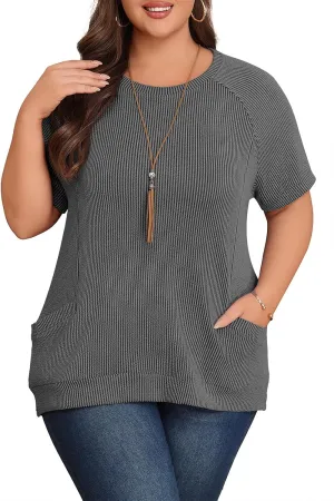 Lastshe Womens Plus Size Short Sleeves Shirts Summer Loose Ribbed Tops Dressy Casual Blouses with Pockets for Leggings 2025