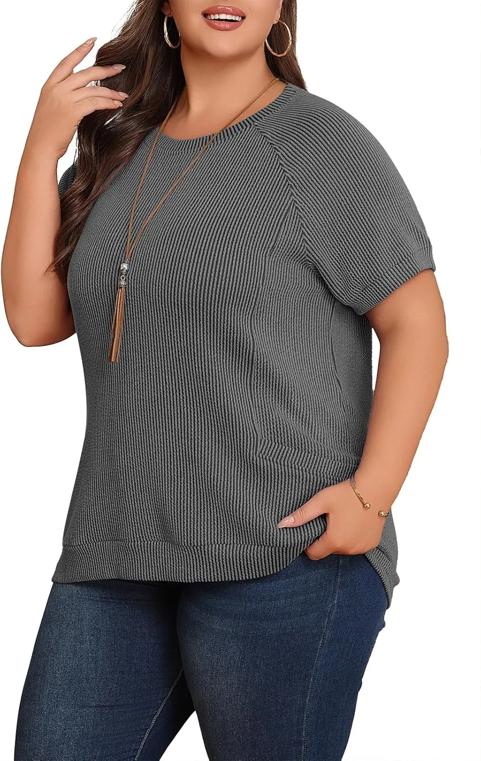 Lastshe Womens Plus Size Short Sleeves Shirts Summer Loose Ribbed Tops Dressy Casual Blouses with Pockets for Leggings 2025