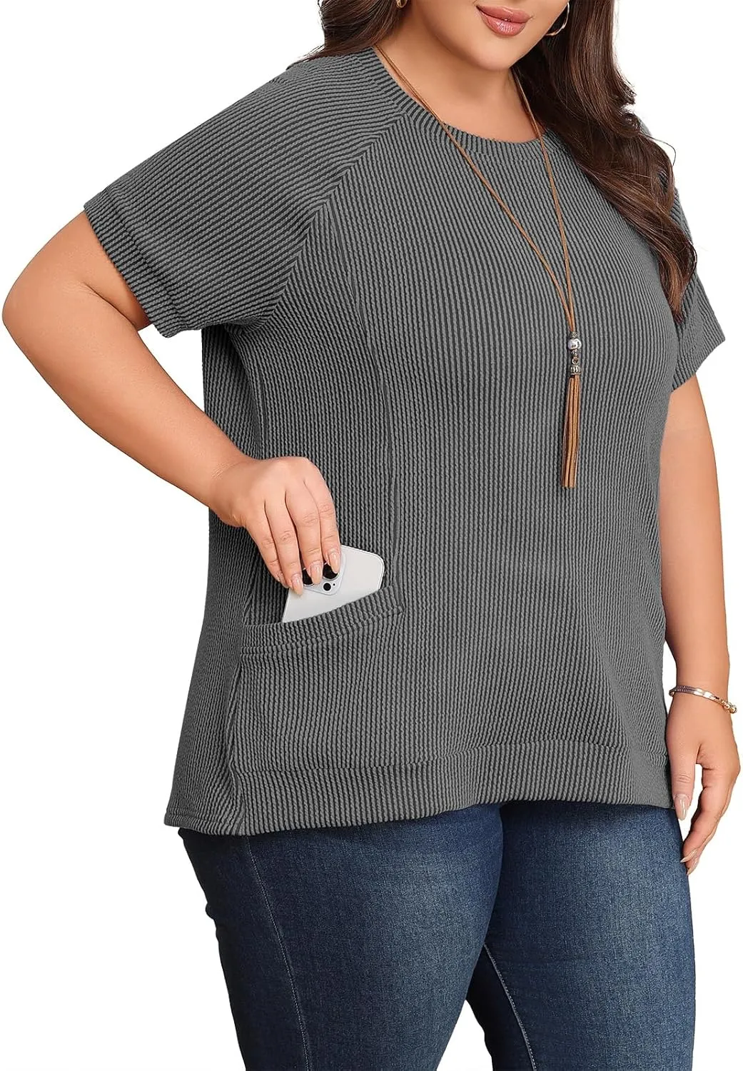 Lastshe Womens Plus Size Short Sleeves Shirts Summer Loose Ribbed Tops Dressy Casual Blouses with Pockets for Leggings 2025