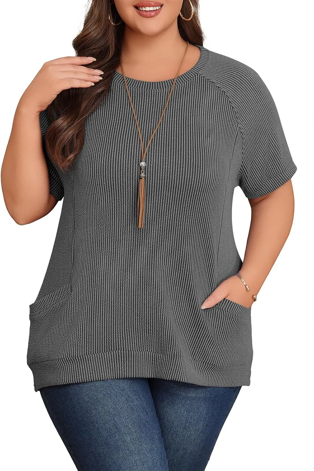 Lastshe Womens Plus Size Short Sleeves Shirts Summer Loose Ribbed Tops Dressy Casual Blouses with Pockets for Leggings 2025