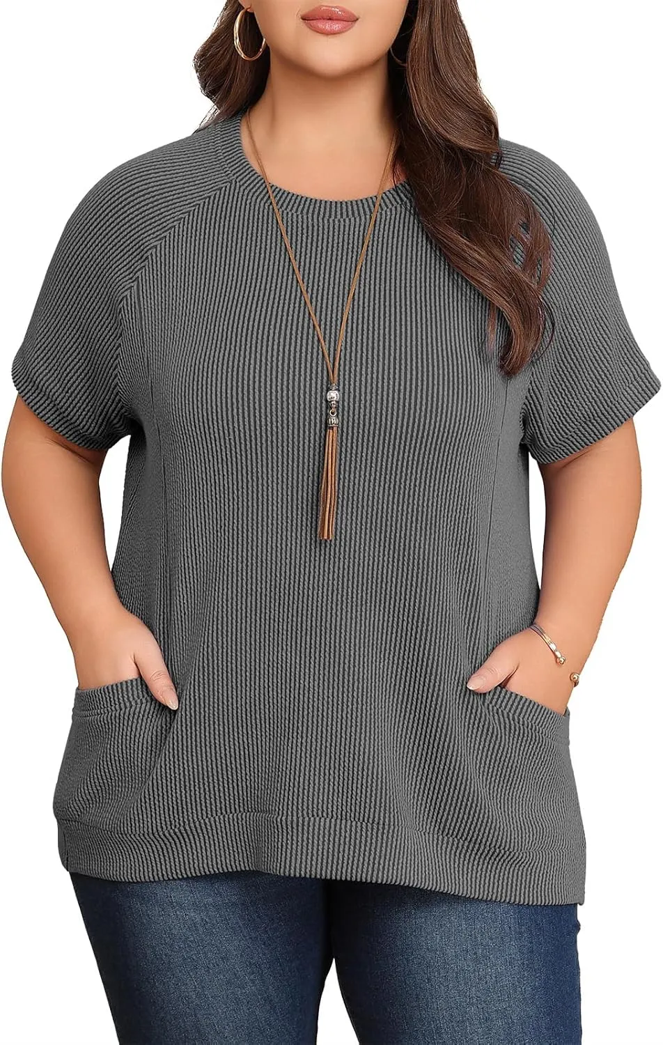 Lastshe Womens Plus Size Short Sleeves Shirts Summer Loose Ribbed Tops Dressy Casual Blouses with Pockets for Leggings 2025