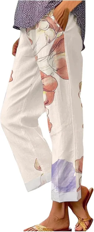 LCMTWX Women Linen Pants Solid Elastic Pants Long Drawstring Linen Women Waist Cotton Casual Pants High Waisted Trousers