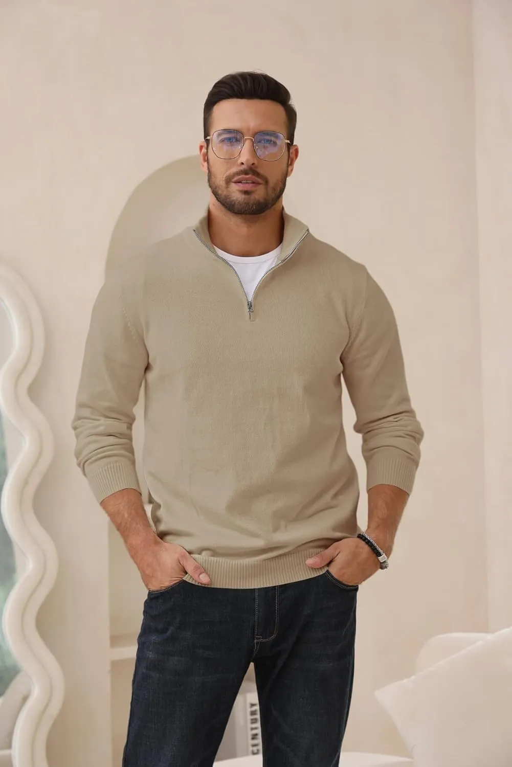 Lexiart Men's Quarter Zip Sweater Casual Mock Neck Pullover Ribbed Knit Polo Sweater