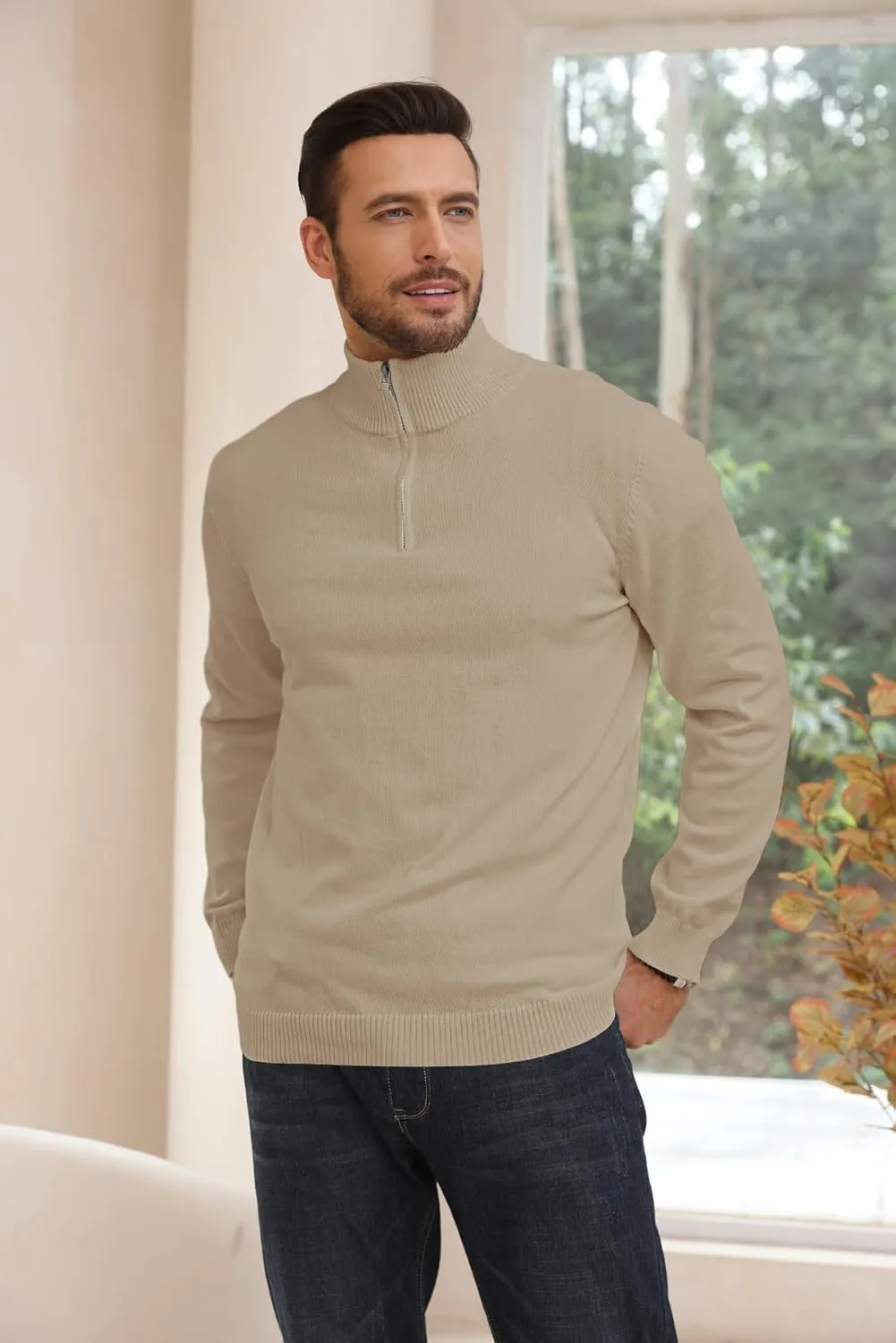 Lexiart Men's Quarter Zip Sweater Casual Mock Neck Pullover Ribbed Knit Polo Sweater