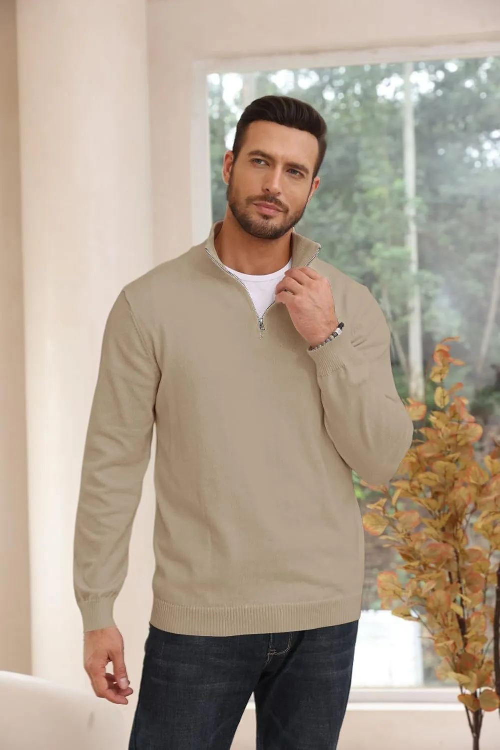 Lexiart Men's Quarter Zip Sweater Casual Mock Neck Pullover Ribbed Knit Polo Sweater