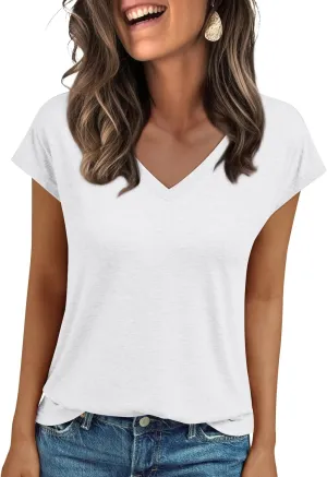 LILLUSORY V Neck T Shirts for Women Cap Sleeve Business Casual Tops Summer Cute Beach Vacation Clothes Basics Tees