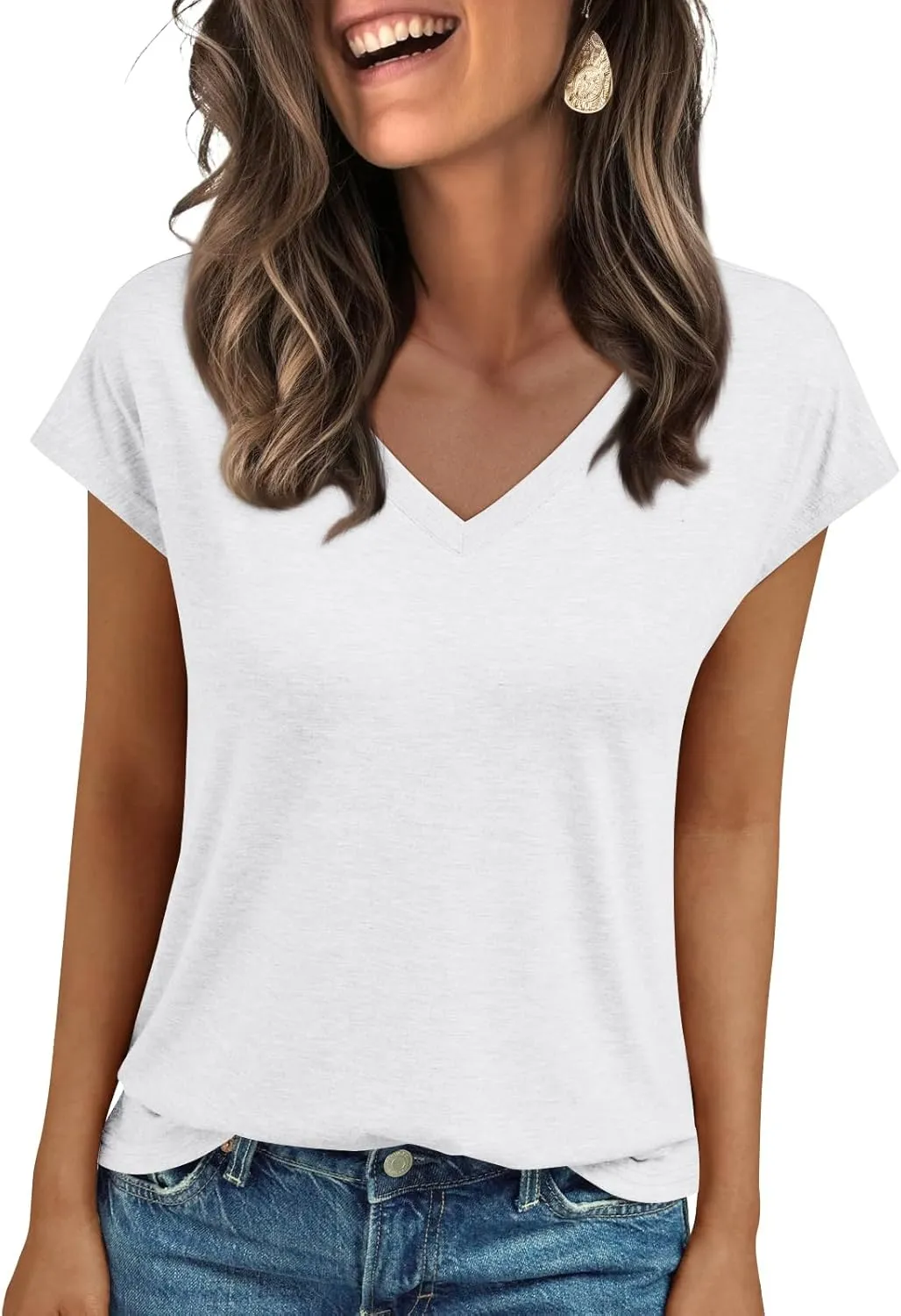 LILLUSORY V Neck T Shirts for Women Cap Sleeve Business Casual Tops Summer Cute Beach Vacation Clothes Basics Tees
