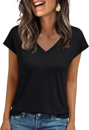 LILLUSORY V Neck T Shirts for Women Cap Sleeve Business Casual Tops Summer Cute Beach Vacation Clothes Basics Tees