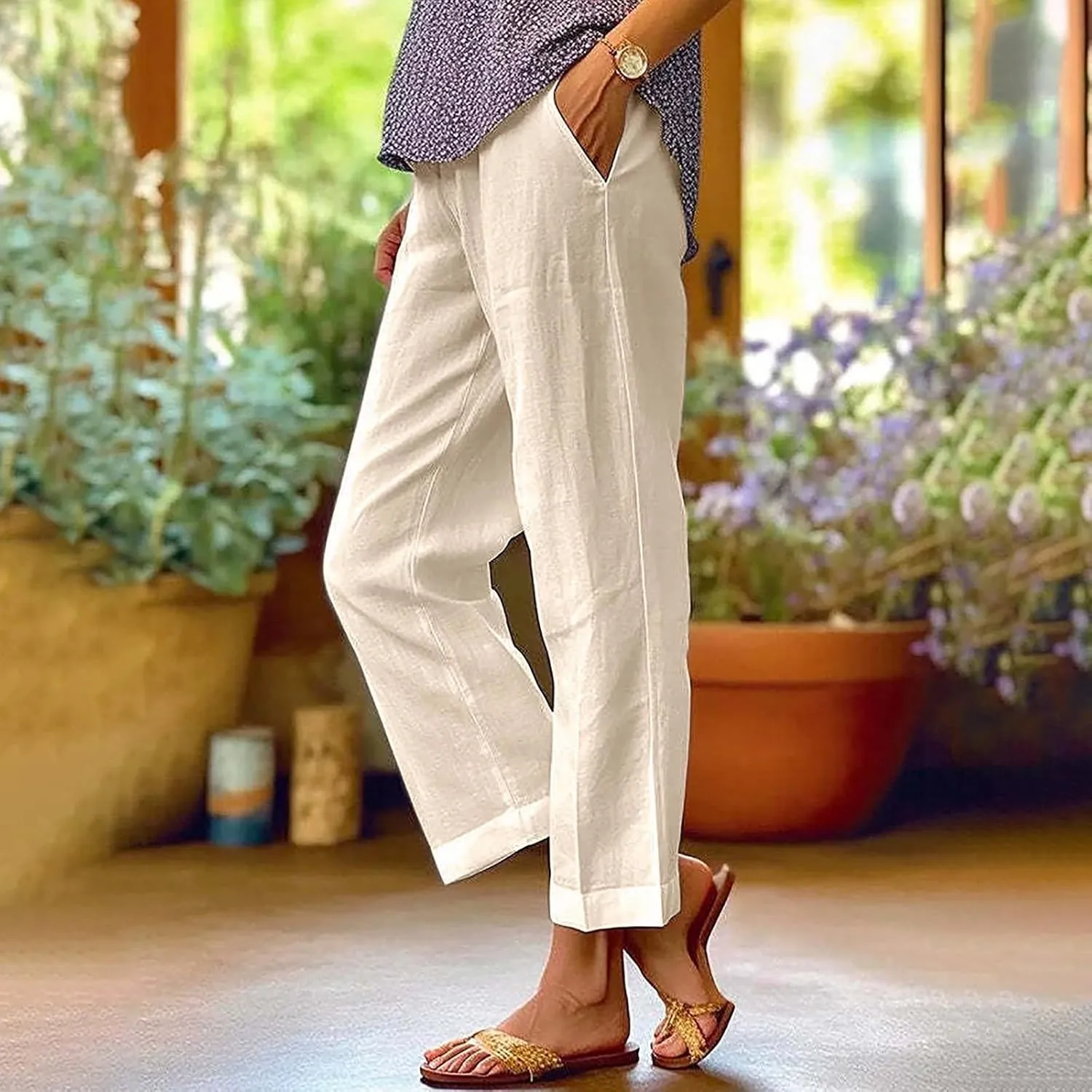 Linen Capri Pants for Women 2025 High Waisted Wide Leg Loose Pants Lounge Comfy Solid Soft Trousers Resort Wear