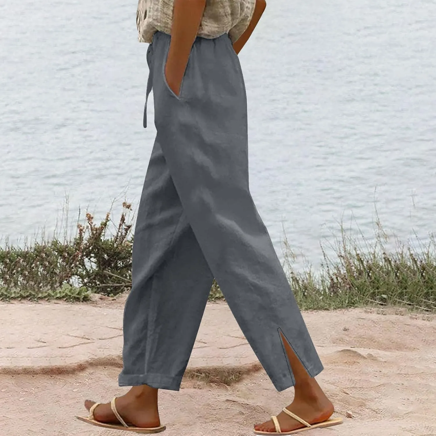 Linen Capri Pants Women Summer 2025 Pants Side Button Casual Cropped Linen Capris for Women Striped Spring