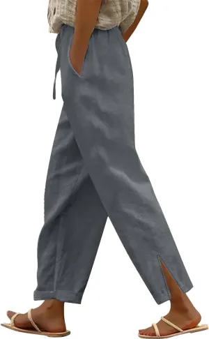 Linen Capri Pants Women Summer 2025 Pants Side Button Casual Cropped Linen Capris for Women Striped Spring