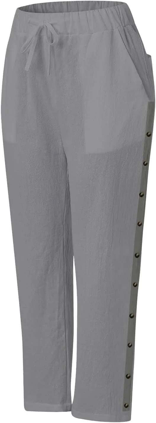 Linen Capris for Women Elastic Waisted Drawstring Capri Pants with Pockets Side Button Casual Summer Cropped Pants