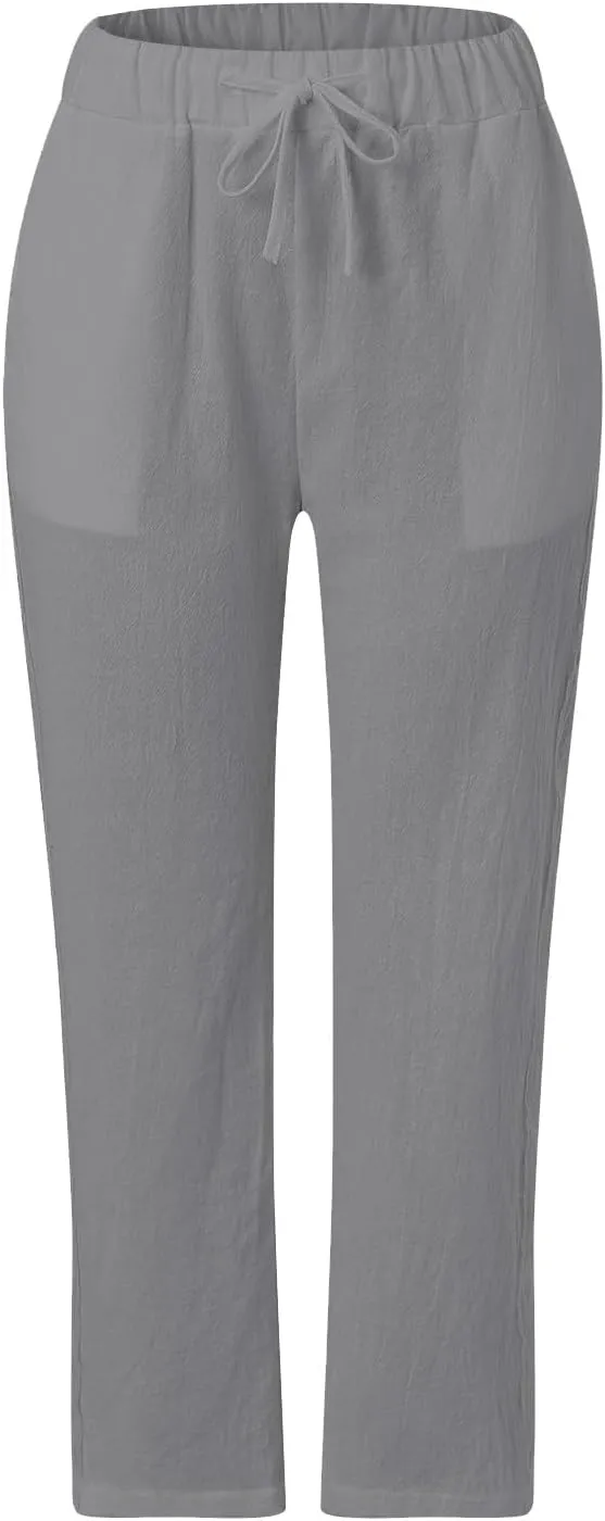 Linen Capris for Women Elastic Waisted Drawstring Capri Pants with Pockets Side Button Casual Summer Cropped Pants