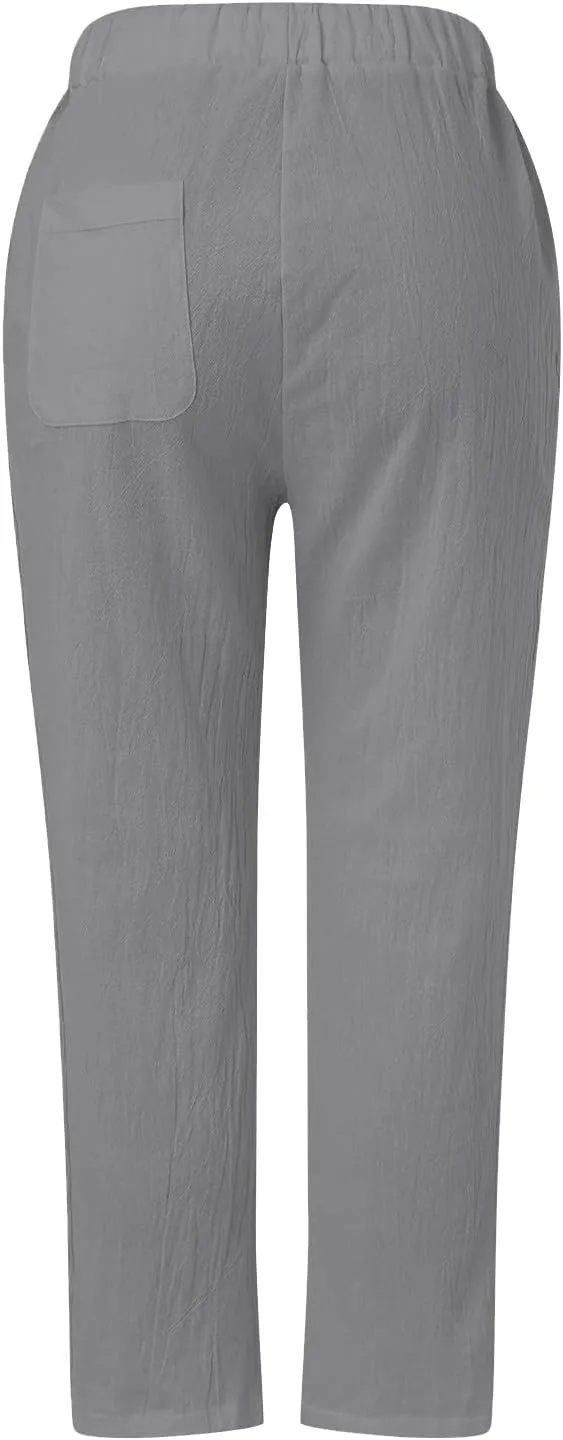 Linen Capris for Women Elastic Waisted Drawstring Capri Pants with Pockets Side Button Casual Summer Cropped Pants