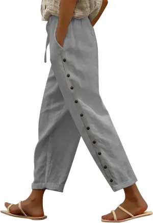 Linen Capris for Women Elastic Waisted Drawstring Capri Pants with Pockets Side Button Casual Summer Cropped Pants