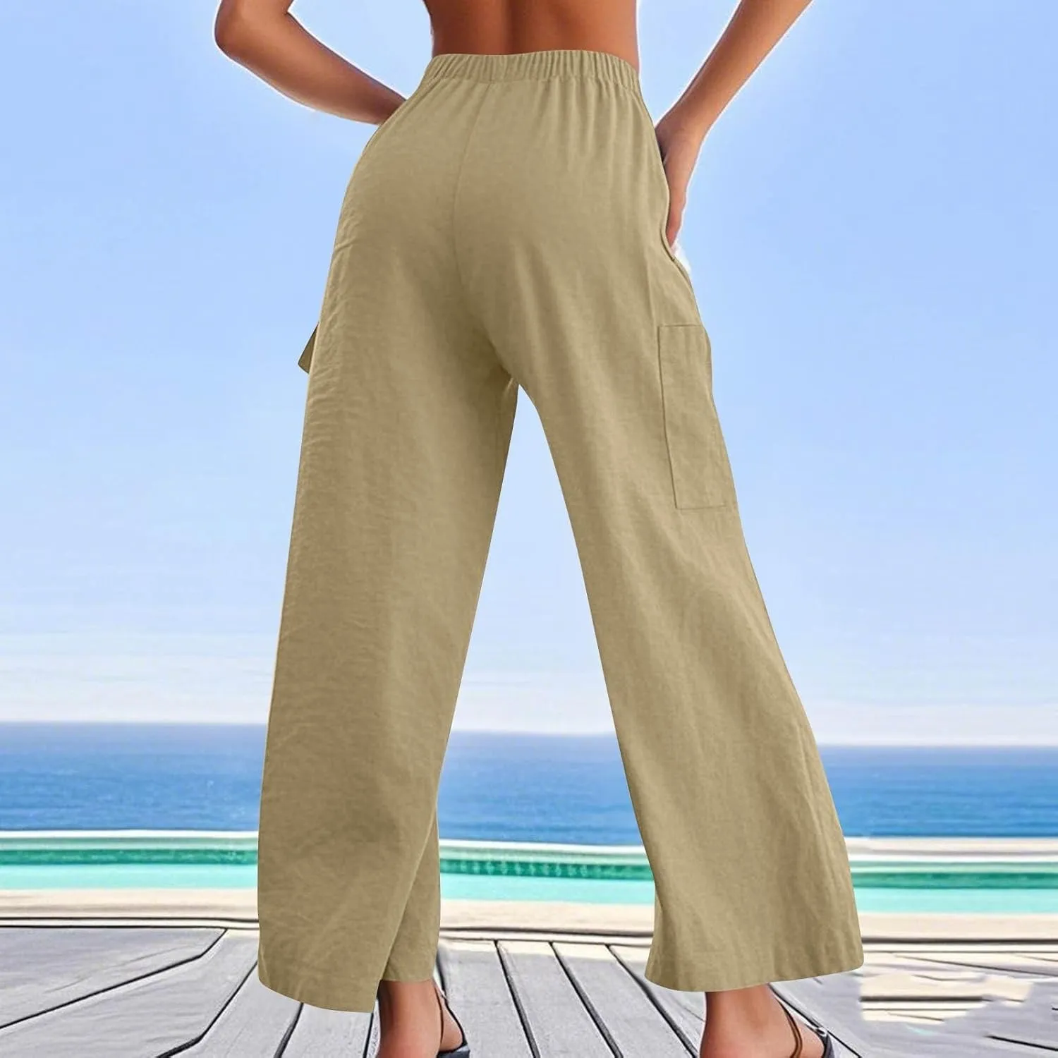 Linen Cargo Pants Women Lightweight Comfy Wide Leg Lounge Pants Business Casual Work Trousers Loose Long Baggy Slacks