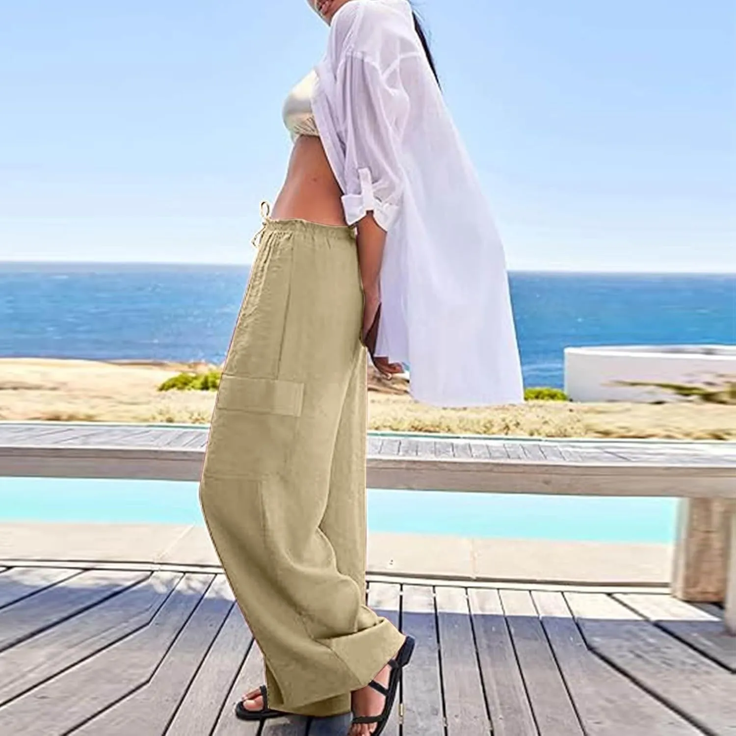 Linen Cargo Pants Women Lightweight Comfy Wide Leg Lounge Pants Business Casual Work Trousers Loose Long Baggy Slacks