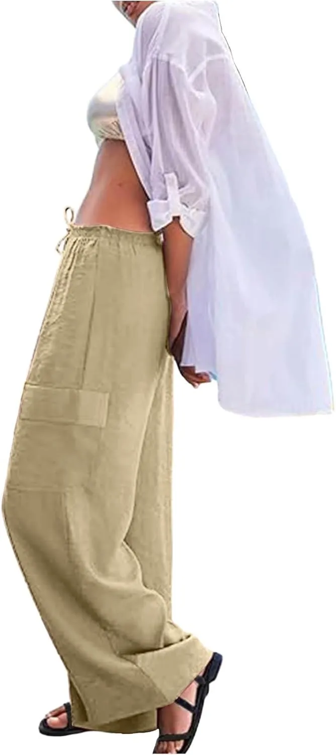 Linen Cargo Pants Women Lightweight Comfy Wide Leg Lounge Pants Business Casual Work Trousers Loose Long Baggy Slacks