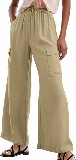 Linen Cargo Pants Women Lightweight Comfy Wide Leg Lounge Pants Business Casual Work Trousers Loose Long Baggy Slacks